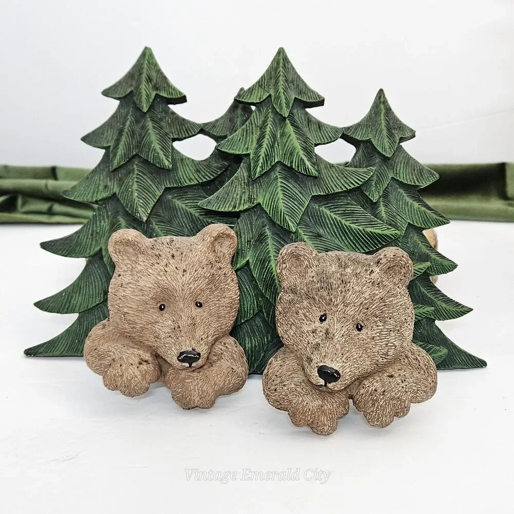 Vtg 3D Resin Brown Bear Pine Tree Towel Holder Hooks Rustic Cabin decor Set of 2